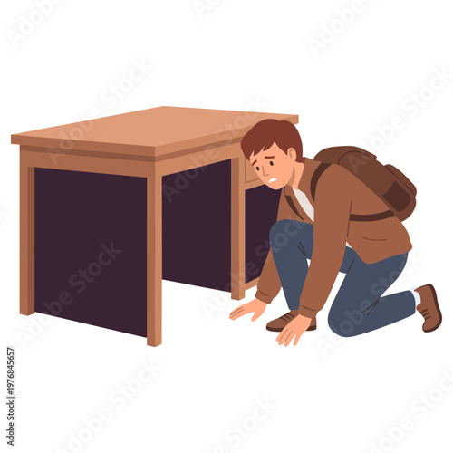 A person crouches under a table during an earthquake disaster event indoors.