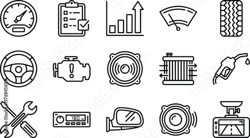 Automotive Service and Car Maintenance Line Icons Set for Vehicle Repair Garage Tools Dashboard Symbols Auto Parts Engine Diagnostic and Transportation