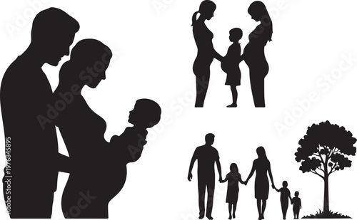 Silhouettes of families in various stages of togetherness and growth.