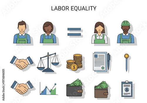 Concept of Labor Equality showcasing diversity in jobs, fair wages, and equal opportunities