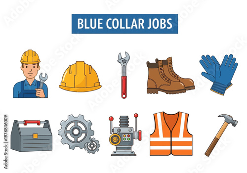 A collection of icons representing blue collar jobs including tools, safety gear, and equipment for skilled trades and manual labor