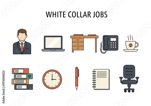White collar jobs and office supplies an illustration of professional careers and essential office equipment for a business environment