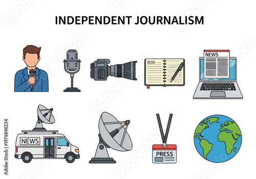 Independent journalism and media production tools including cameras, microphones, vans, and news elements, highlighting communication and information dissemination