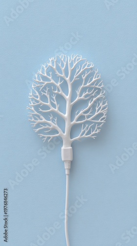 White Tree Sculpture Connected to a Cable on a Glittering Pale Blue Background Symbolic of Technology and Nature Integration