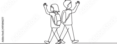 Two schoolchildren walking together with backpacks and waving hands cheerfully