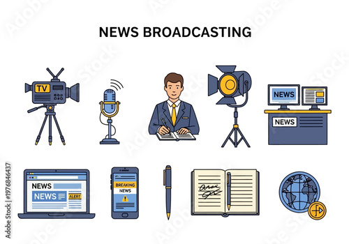 News Broadcasting Icons Set Featuring TV Camera, Microphone, Presenter, Spotlight, Computers, Laptop, Smartphone, Pen, Journal, and Globe