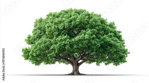 Majestic green oak tree with lush foliage stands isolated on a clean white background
