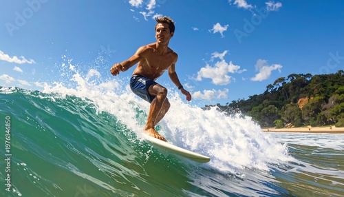 A surfer rides a wave on a sunny day near the shore