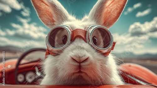 Whimsical rabbit wearing aviator goggles enjoys a thrilling ride in a vintage red convertible