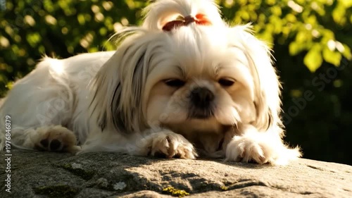A small fluffy white dog with a hair bow rests peacefully on a large stone in the warm sunlight