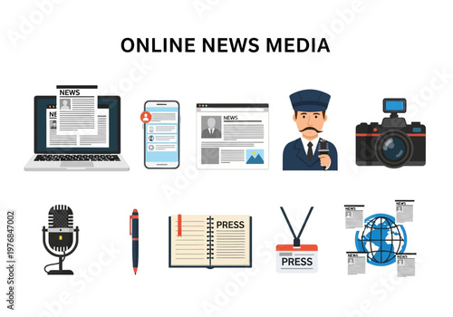 Collection of digital media and journalism icons representing online news and information dissemination