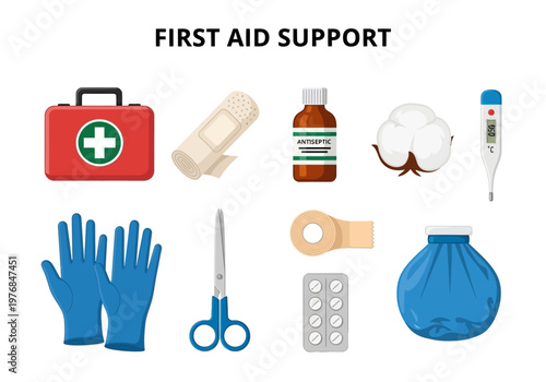 Essential first aid supplies and medical equipment for emergency care and home health kits