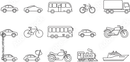 Black and white of various vehicles and transport modes