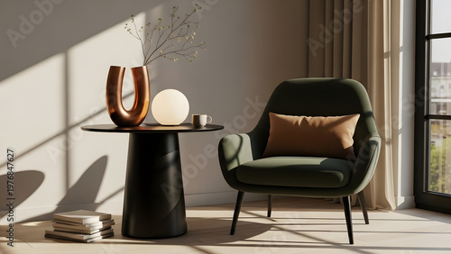 Cozy armchair and modern side table with lamp and vase bathed in natural sunlight creating a warm and inviting interior design scene for home decor