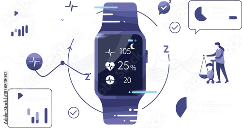 Smartwatch Health Monitoring Concept with Sleep Tracking, Heart Rate and Fitness Data, Modern Illustration for Wearable Technology and Wellness
