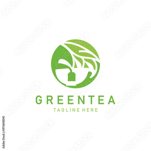 Green tea leaf modern logo minimal geometric line style simple design