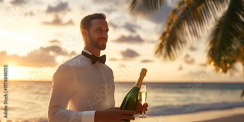 Butler Serving Champagne on Beach with Luxury Hospitality and Exclusive Vacation Experience