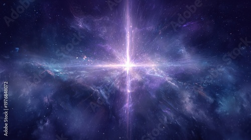 Vibrant purple and blue nebula in deep space with a bright starburst at its center, cosmic dust clouds and distant stars, awe-inspiring celestial phenomenon, astronomical background with ethereal