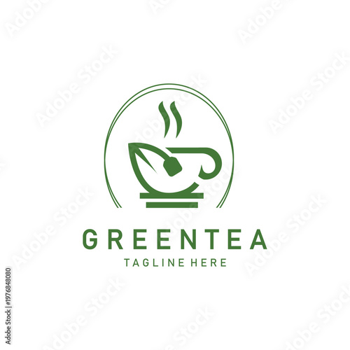 Green tea leaf modern logo minimal geometric line style simple design