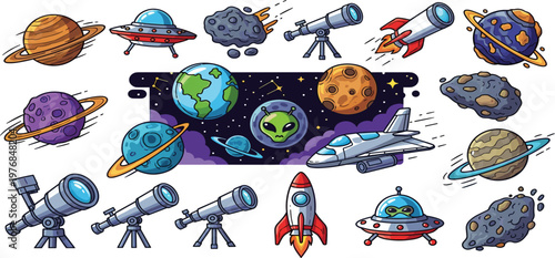 Space Exploration Elements Collection with Planets, Rockets, UFOs and Telescopes, Cartoon Illustration Set for Astronomy, Sci-Fi, and Cosmic Design