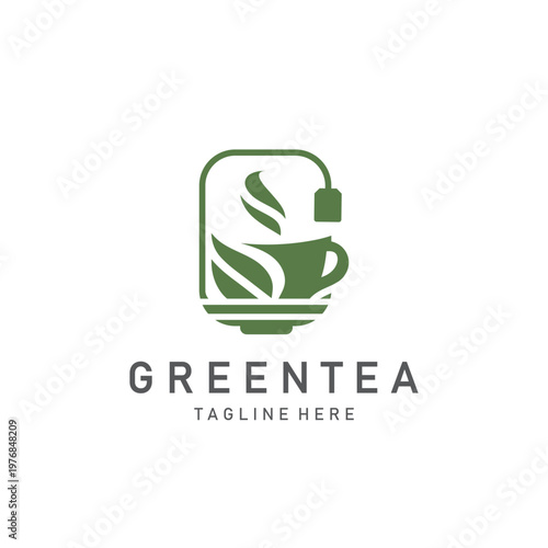 Green tea leaf modern logo minimal geometric line style simple design