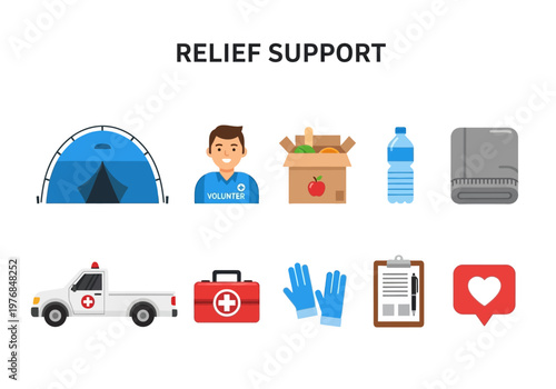 Collection of relief support icons including tent, volunteer, food box, water bottle, blanket, ambulance, first aid kit, gloves, clipboard, and heart icon
