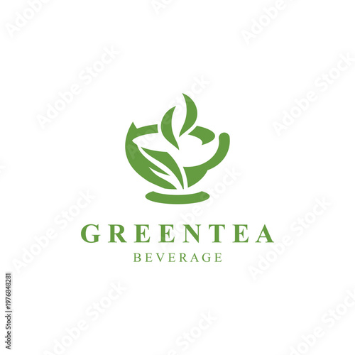 Green tea leaf modern logo minimal geometric line style simple design