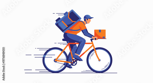 A delivery person rides an orange bicycle while wearing a blue and orange uniform with a large backpack, conveying a sense of speed and efficiency against a clean white background with