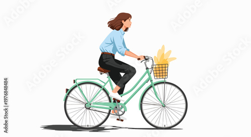Woman riding a bicycle with a basket on a white background, engaged in cycling with a casual outfit and brown hair.