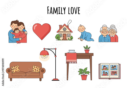 A charming collection of vector illustrations depicting heartwarming family moments and symbols of home and love
