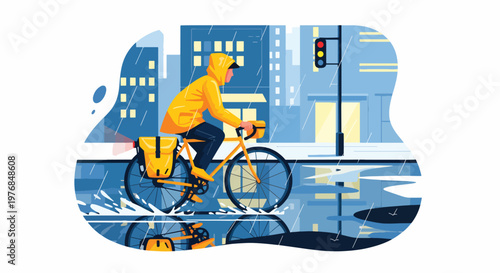 A cyclist rides a bicycle through a rainy city street with a blurred background of buildings and traffic lights.