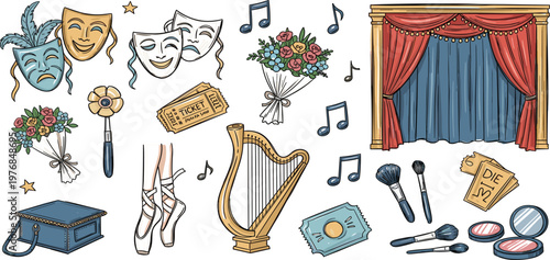 Theater and Performing Arts Collection with Masks, Stage Curtain, Ballet Shoes and Makeup, Hand Drawn Illustration Set for Drama, Music, Culture, and Entertainment Design