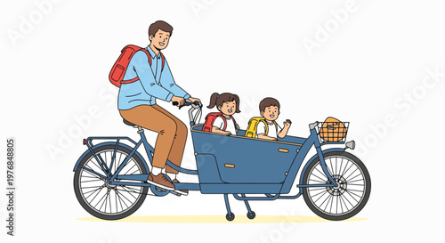 A man cycling with two children on a tricycle against a clean white background with a colorful and playful mood.