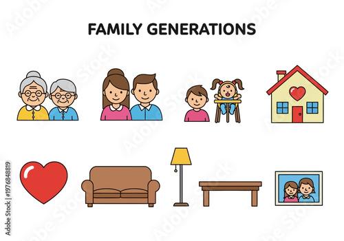 Visualizing Family Generations Icons Depicting Diverse Family Structures and Homes