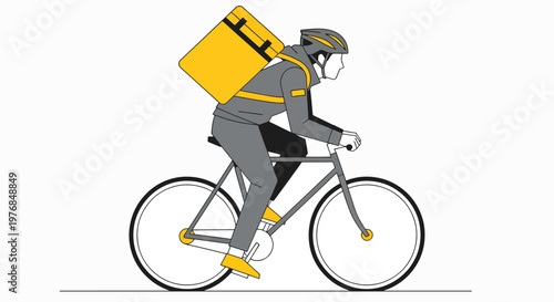 A food delivery person wearing a yellow backpack rides a bicycle with a solid white background, conveying a sense of urban logistics and transportation.