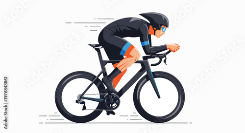Professional cyclist in motion, riding a sleek road bike with aerodynamic gear, captured in a dynamic illustration with a focus on speed and performance against a clean white background.