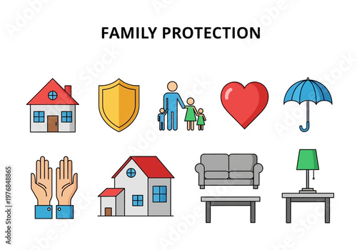 Comprehensive Collection of Icons Representing Family Protection, Security, and Well-being, Ideal for Insurance and Safety Services