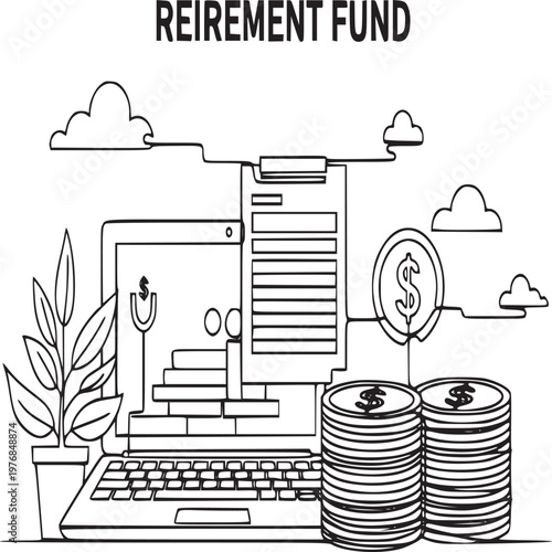 Retirement fund planning concept with laptop, savings, and financial growth illustration