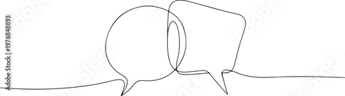 Minimalist single line drawing showing two connected speech bubbles representing communication and dialogue for social media branding or business marketing concept in a simple clean black and white ar