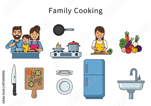 Family enjoying cooking together in a bright kitchen with fresh vegetables, utensils, and appliances