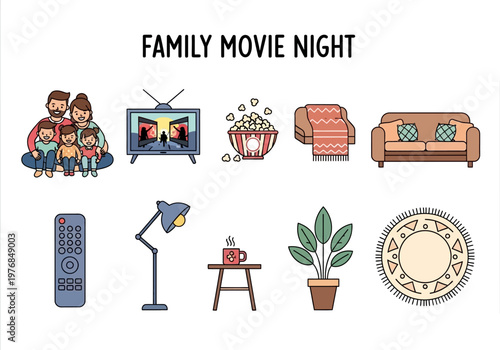 Cozy Family Movie Night Illustrations Sofa, TV, Snacks, and Home Comforts