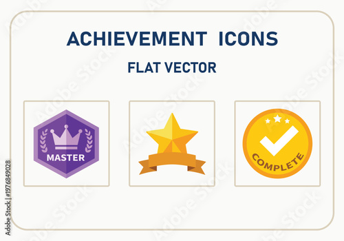 Flat vector achievement icons set with master crown star complete symbols