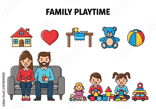 Family Fun A heartwarming collection of icons depicting joyous family moments, from playtime with toys to cozy home life and expressions of love
