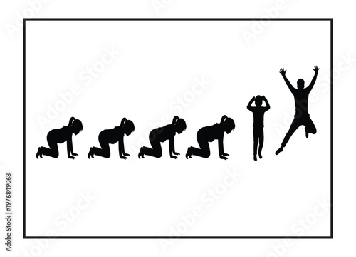 Evolution of man silhouette from crawling to standing and joyful leap representing progress