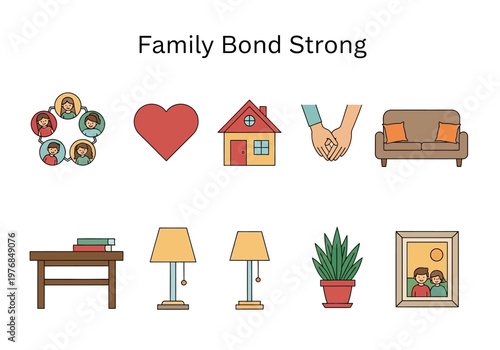 Illustrations of home and family symbols representing connection and belonging within a household environment
