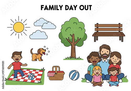 A cheerful illustration depicting a family enjoying a fun day out in a park with a picnic, sunshine, and a playful dog