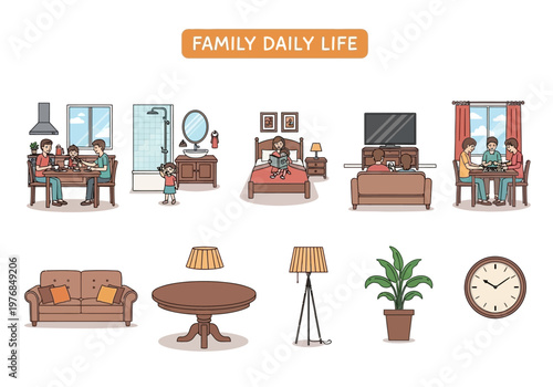 A collection of colorful pixel art illustrations depicting various scenes of everyday family life, including dining, sleeping, and leisure activities