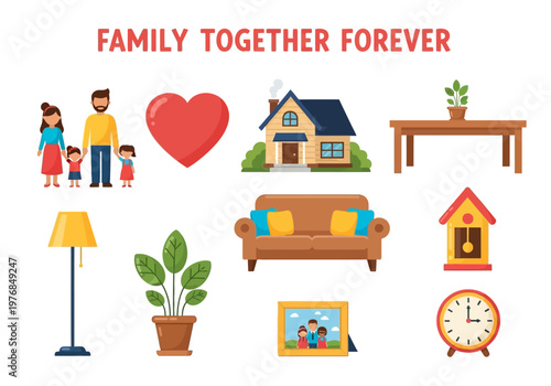 Illustrations of a happy family at home with furniture, clock, and plants, symbolizing togetherness and warmth