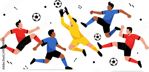 Dynamic vector illustration featuring diverse soccer players engaged in energetic match action, including a goalkeeper making a high save while other players kick and jump with multiple balls.