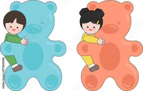 젤리곰에게 안겨 놀고 있는 어린이들